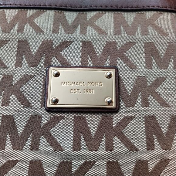 Michael Kors Brown Canvas Leather Trim MK Printed Double Handle Zipper Tote Bag - Picture 4 of 16